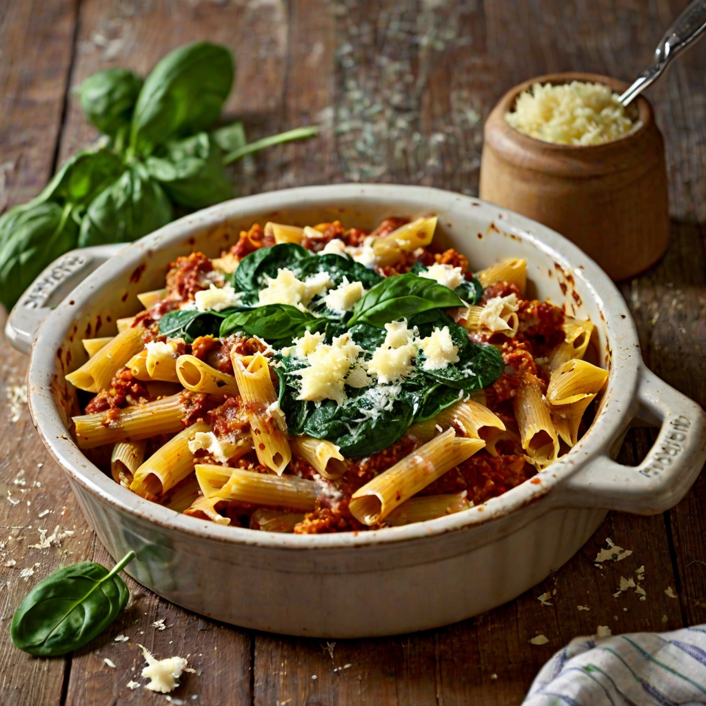 Chorizo, Ricotta & Spinach Pasta Bake