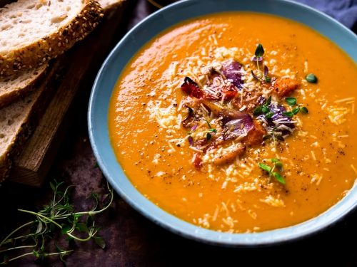 Chunky Root Vegetable Soup with Cheesy Pesto Toasts