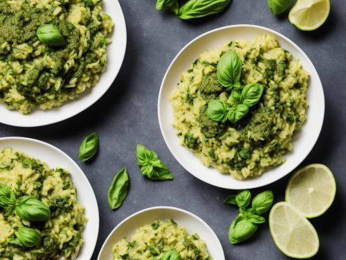 Courgette & broad bean risotto with basil pesto