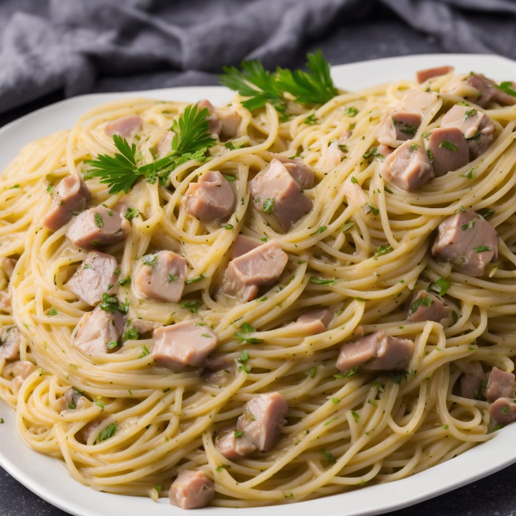 Creamy ham leek mushroom spaghetti