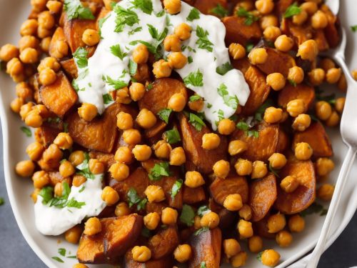 Crispy Sweet Potatoes with Chickpeas & Tahini Yogurt