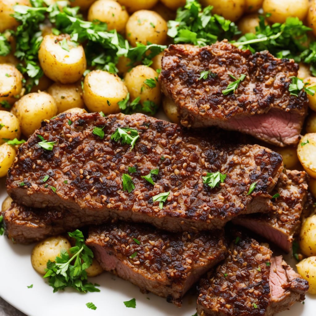 Cumin-crusted lamb with shallots & crushed new potatoes