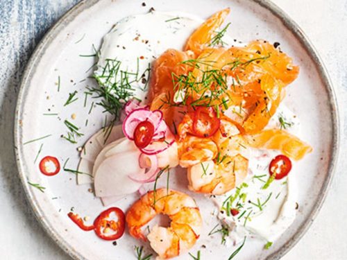 Cured Salmon with Prawns, Pickled Salad & Dill Lime Crème Fraîche