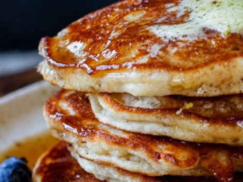 Fluffy Almond Pancakes with Blueberry Ripple Yogurt