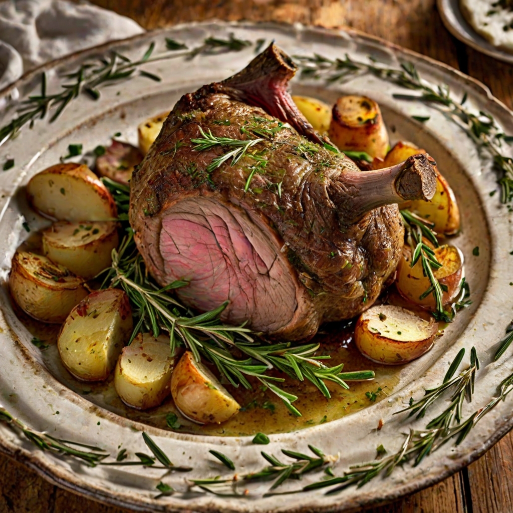 Garlic Herb Roast Lamb on Boulang re Potatoes