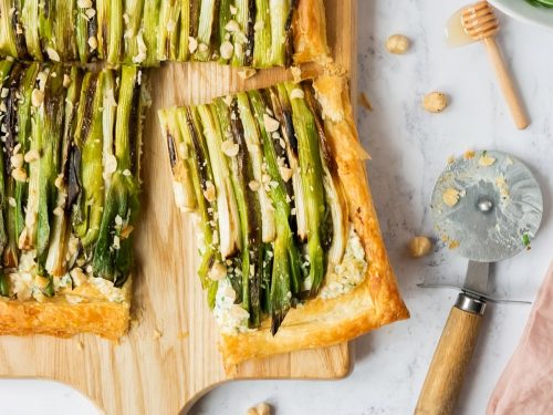 Goat’s cheese, spring onion & hazelnut tart