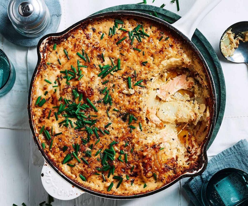 Gratin of fresh & smoked salmon, beetroot, potatoes & dill