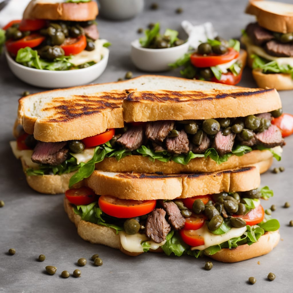 Griddled steak sandwich with olive caper butter