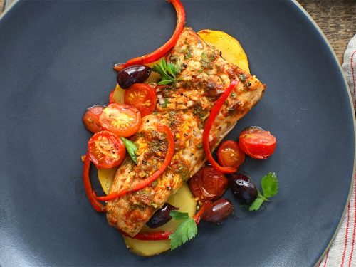 Grilled Fish with New Potato, Red Pepper & Olive Salad