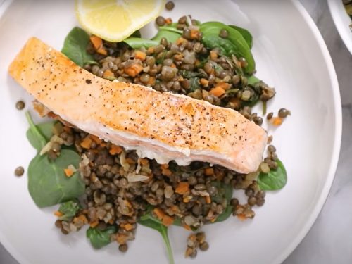 Grilled Wild Salmon with Anchovies, Capers & Lentils