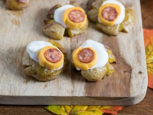 Halloween Mini Baked Potatoes with Sticky Sausages