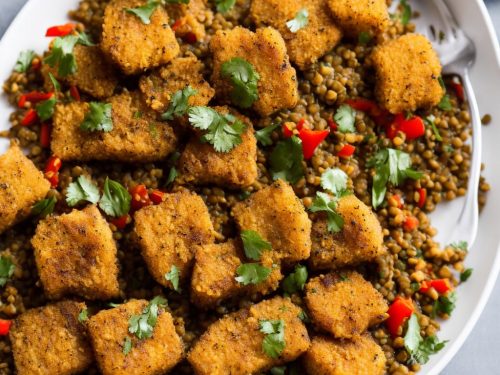 Harissa-crumbed fish with lentils & peppers