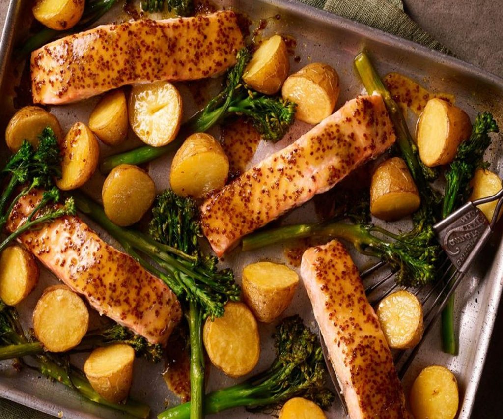 Honey Mustard Salmon, Potato, and Tenderstem® Broccoli Traybake