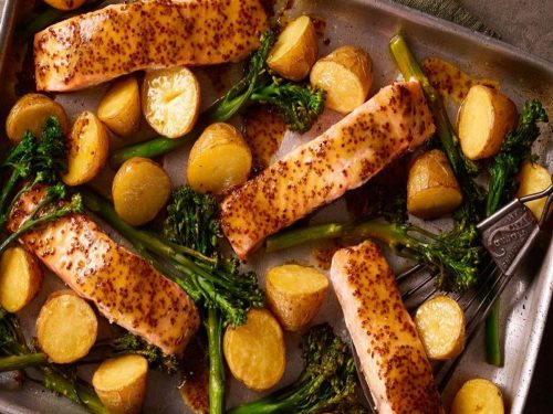 Honey Mustard Salmon, Potato, and Tenderstem® Broccoli Traybake