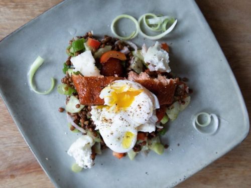 Hot-smoked salmon, lentil & pomegranate salad