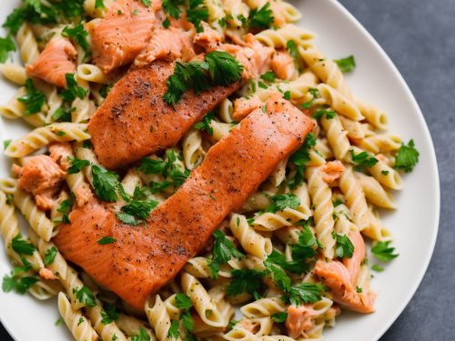 Hot-smoked salmon with creamy pasta & pine nuts