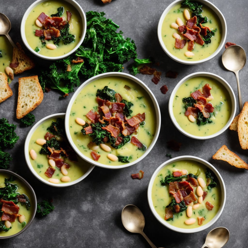 Leek & Butter Bean Soup with Crispy Kale & Bacon