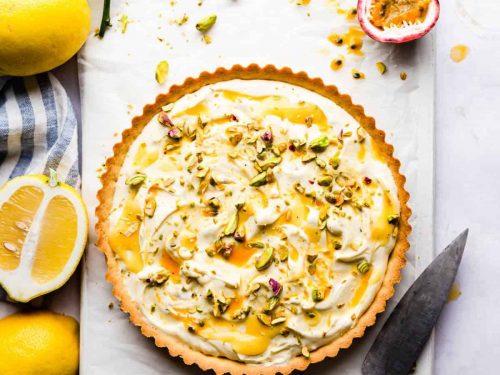 Lemon curd, mascarpone & passion fruit tart