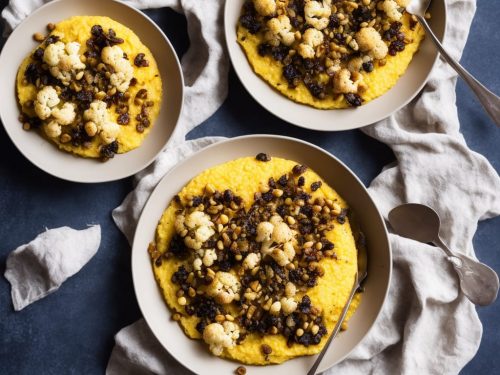 Lemony Polenta with Roasted Cauliflower, Pine Nuts, Raisins & Capers