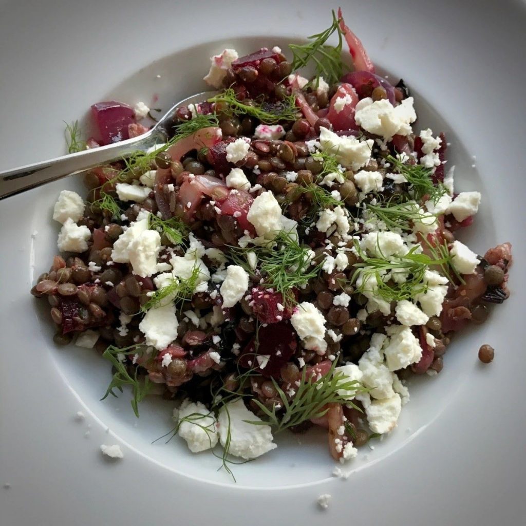 Lentil Rice Salad with Beetroot & Feta Dressing