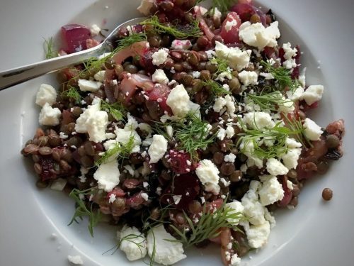 Lentil Rice Salad with Beetroot & Feta Dressing