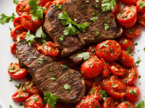 Marinated lamb steaks with paprika roast tomatoes & butterbean smash