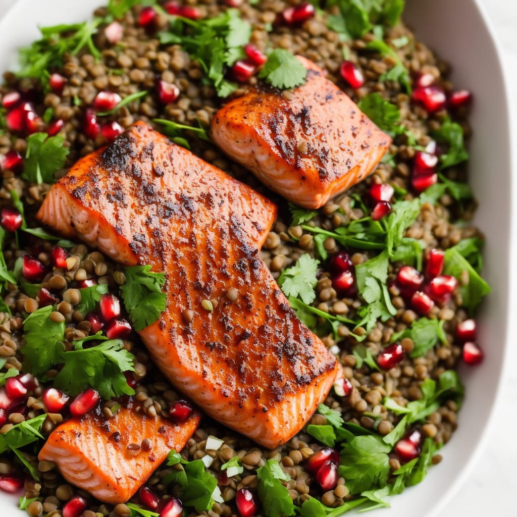 Miso Roast Salmon, Lentil & Pomegranate Salad