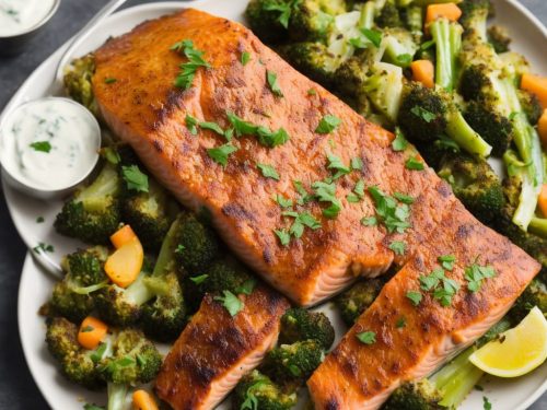 Mustard Salmon & Veg Bake with Horseradish Sauce