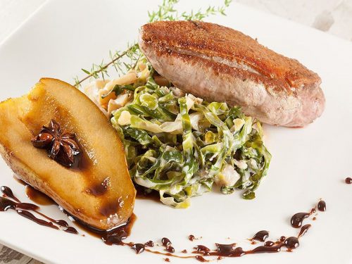 Pan-fried Duck Breast with Creamed Cabbage, Chestnuts & Caramelised Pear