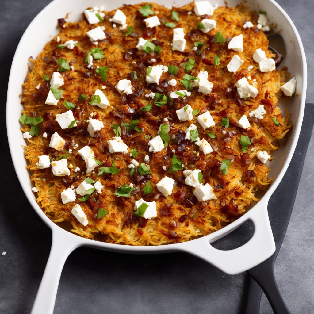 Parsnip rösti with harissa, feta & caramelised red onions