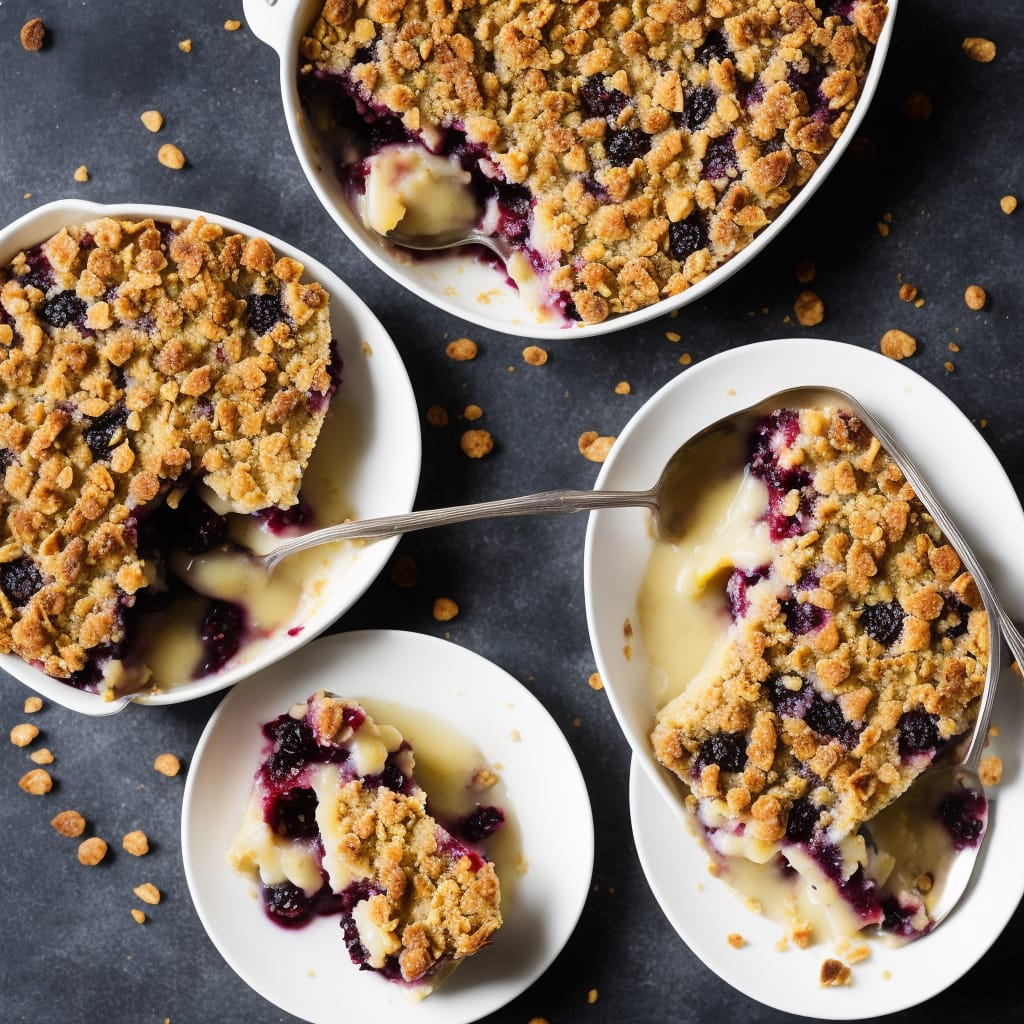 Pear & blackberry crumble with bay leaf custard