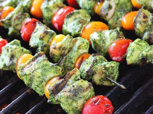 Pesto Chicken Kebabs with Roasted Veg Pasta