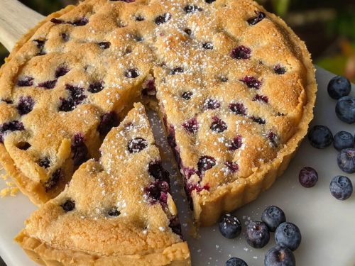 Pistachio & black cherry bakewell tart