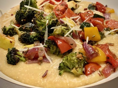 Polenta, Roasted Vegetables & Peppered Parmesan Crisps