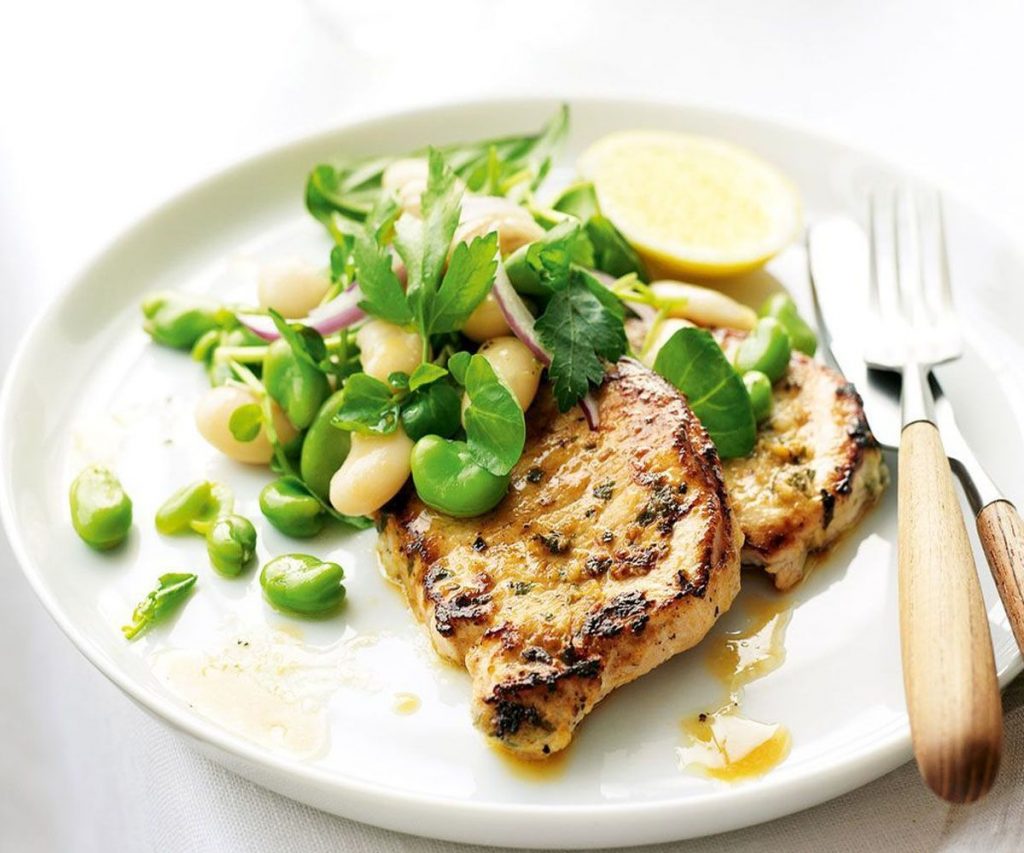 Pork Chops with Broad Bean & Minted Jersey Smash