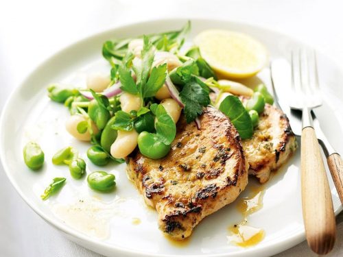 Pork Chops with Broad Bean & Minted Jersey Smash