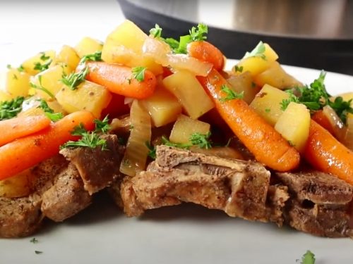 Pressure Cooker Bone-In Pork Chops, Baked Potatoes, and Carrots Recipe