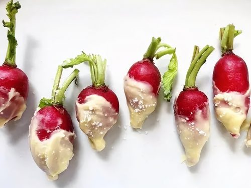 Radishes dipped in brown butter