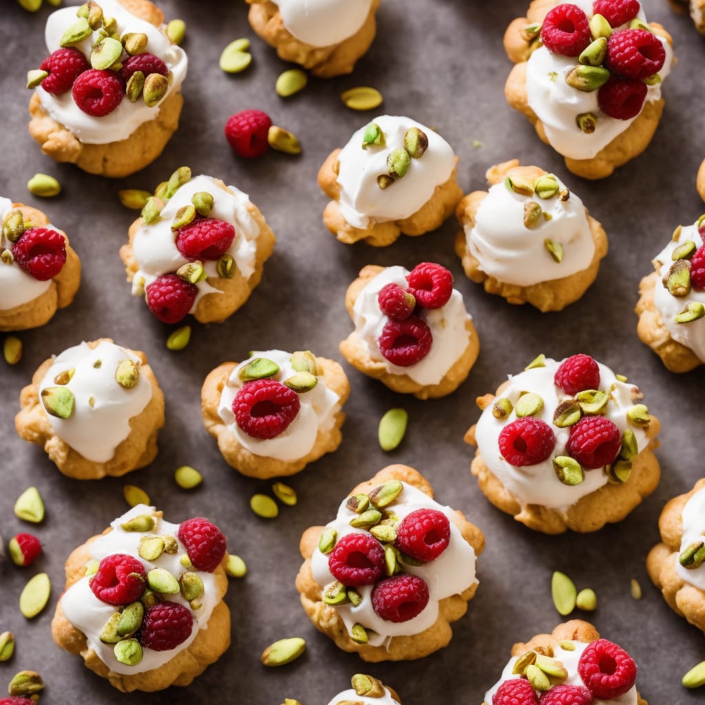 Raspberry, white chocolate & pistachio profiteroles