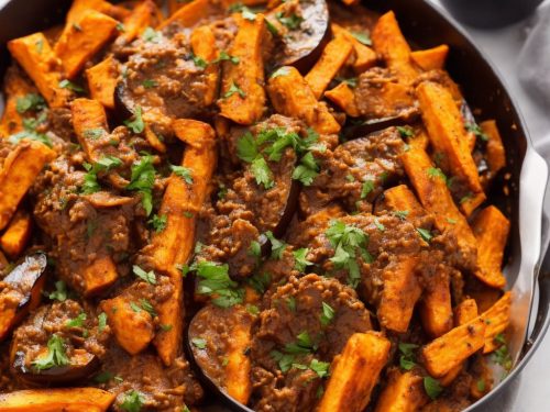 Roast Aubergine with Goulash Sauce & Sweet Potato Fries