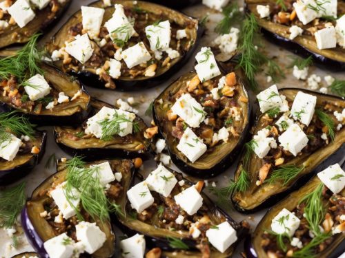 Roast Aubergines with Almond Tarator, Feta, Dill & Green Chilli