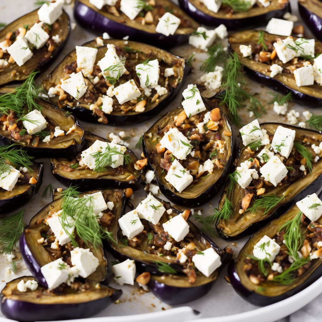 Roast Aubergines with Almond Tarator, Feta, Dill & Green Chilli