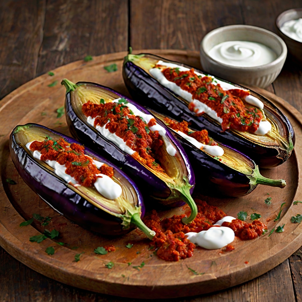 Roast Aubergines with Yogurt & Harissa