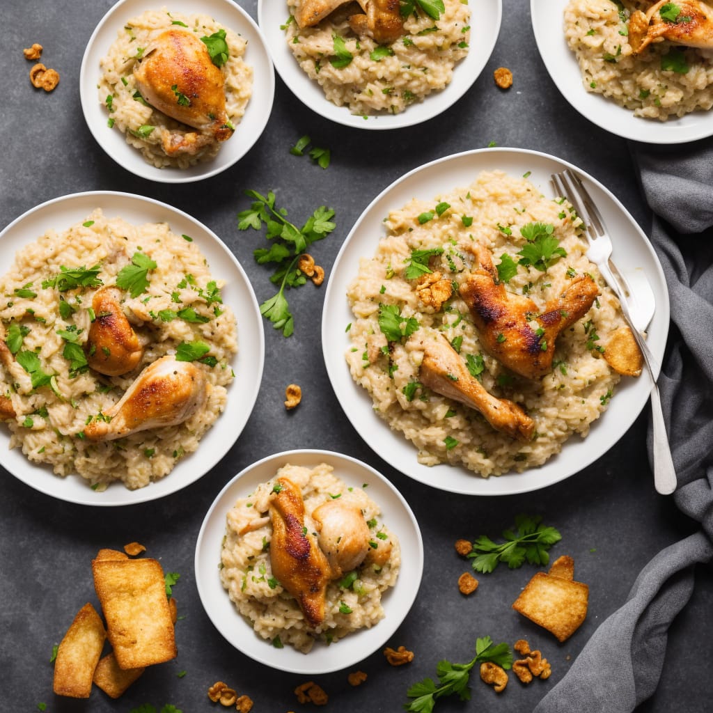 Roast chicken risotto with chicken crackling