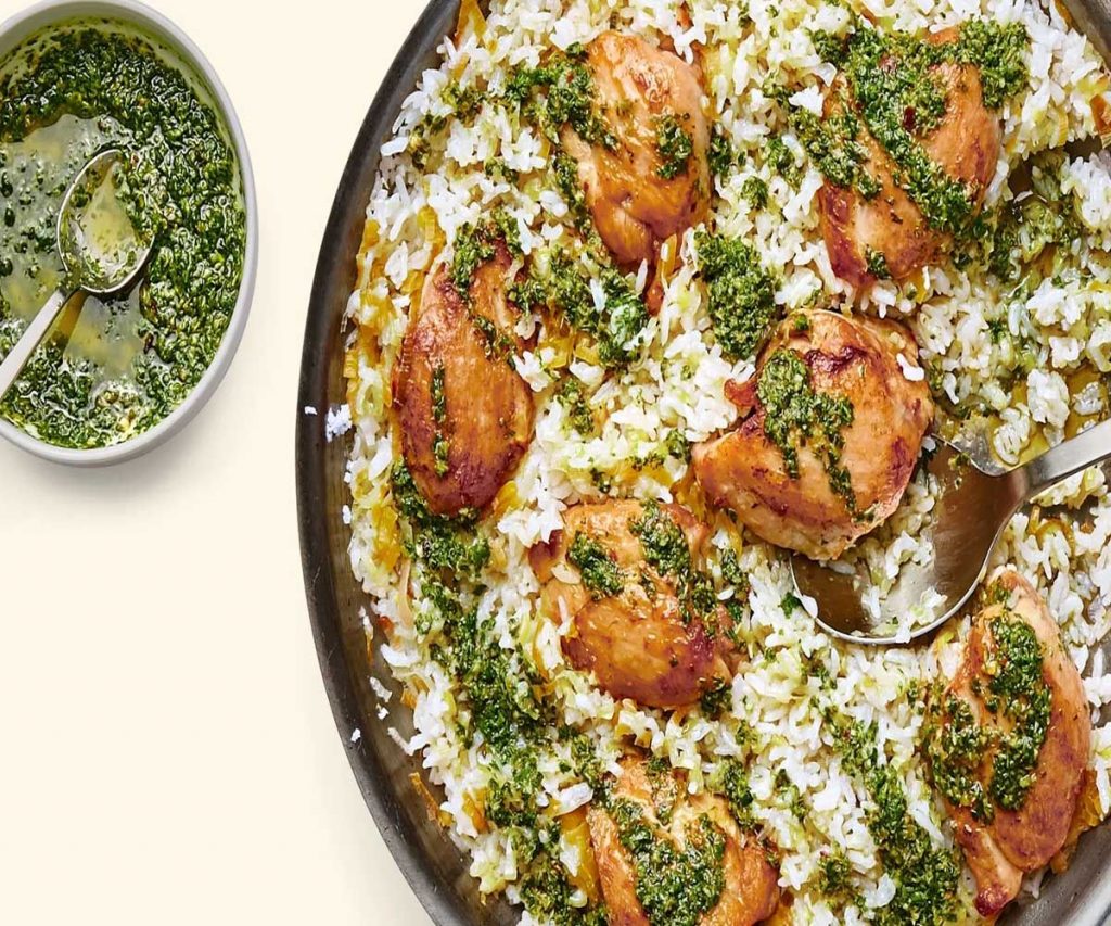 Roast Chicken Thighs with Brown Rice & Salsa Verde