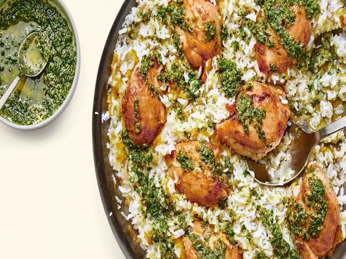 Roast Chicken Thighs with Brown Rice & Salsa Verde