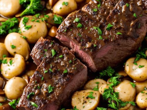 Roast fillet of beef with shallot mushroom sauce