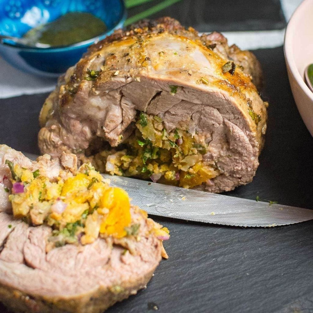 Roast lamb stuffed with apricot & mint