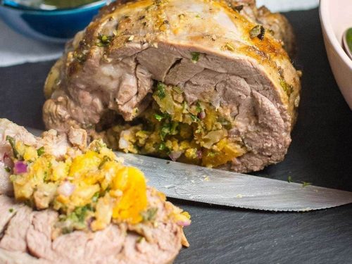 Roast lamb stuffed with apricot & mint