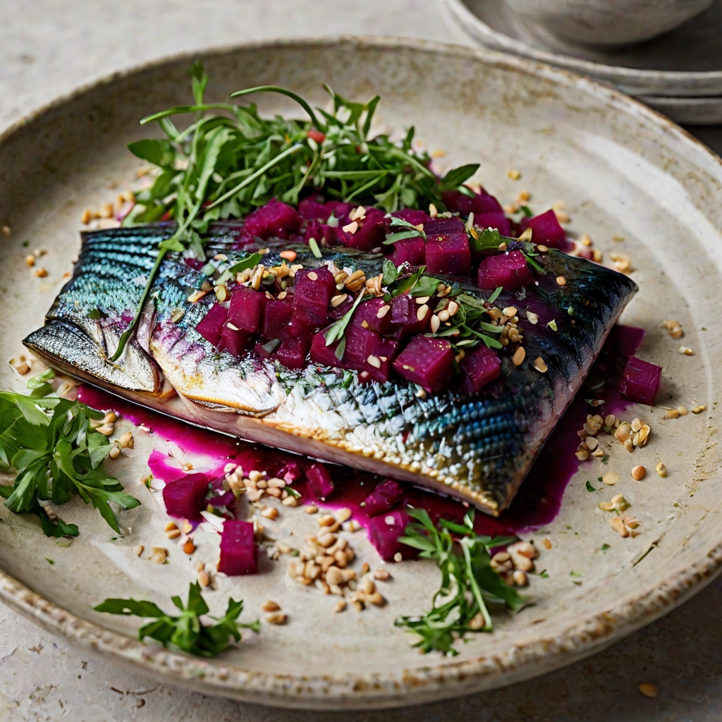 Roast Mackerel with Beet & Spelt Salad